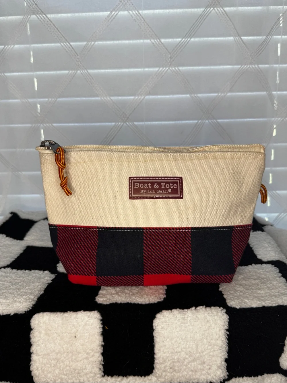 L.L.Bean Boat & Tote Canvas Zip Pouch Buffalo Plaid Cream
